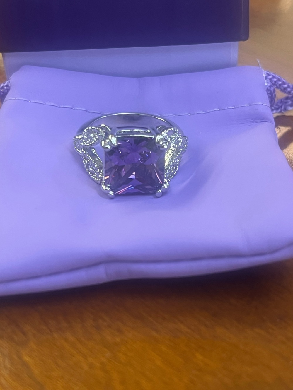 NWT PalmBeach Jewelry Amethyst CZ Cocktail Ring Silver Tone with Gift Box